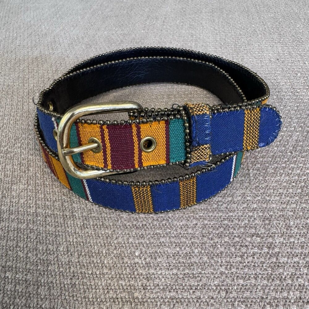Vintage Guatemalan Handwoven Fabric & Leather Belt – Boho Southwestern Style 546